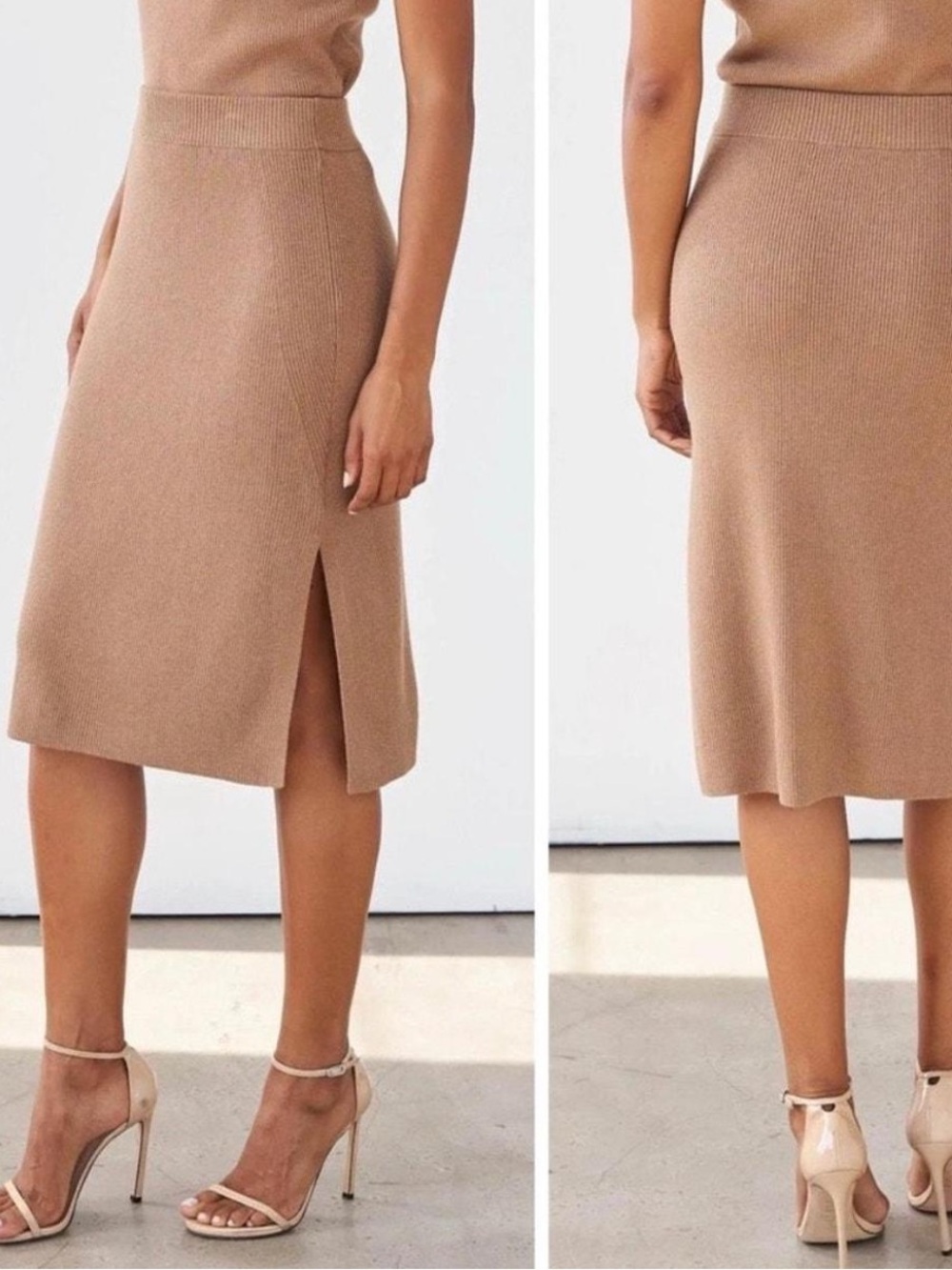AYR The Curator Skirt Women’s Camel Knit Midi Skirt with Side Slit Size S